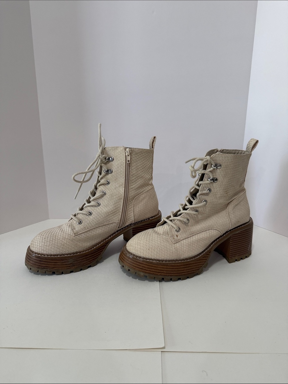 Altar'd State Cream Lace-Up Chunky Heel Ankle Boots